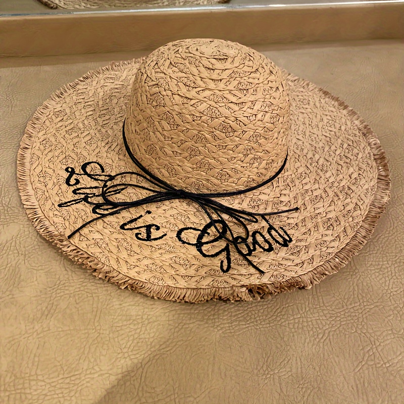 1 Pcs Women's Embroidered Large Extended Edge Bow Straw Hat, Beach Sunshade Hat, Travel Hat,Temu