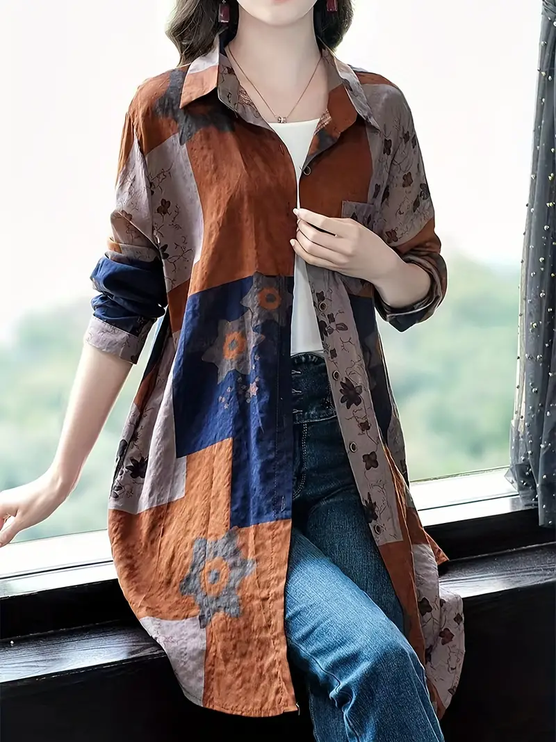 * Button Front Longline Shirt, Casual Long Sleeve Shirt For Spring & Fall,  Women's Clothing