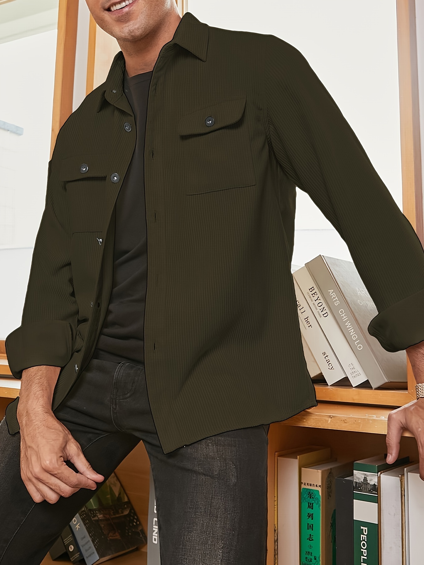 military green button up shirt