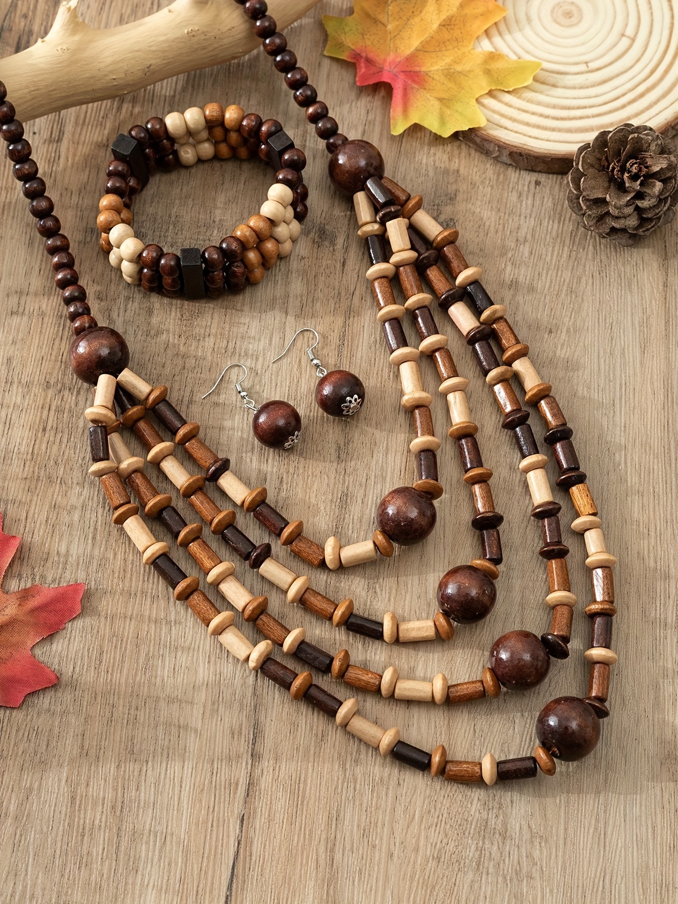 bohemian wooden necklace earrings set women - Temu
