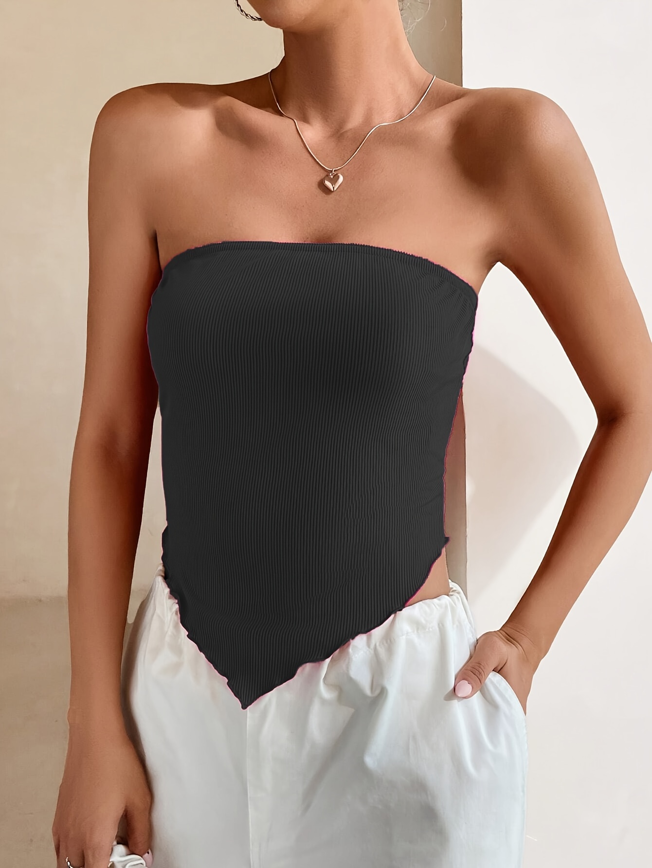 Solid Shirred Tube Crop Top, Versatile Backless Tube Top For Summer,  Women's Clothing