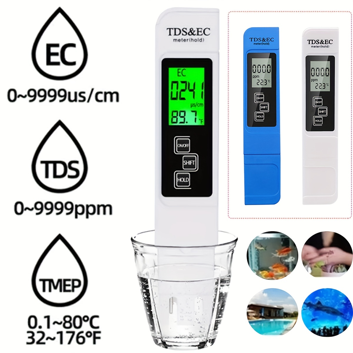 pH-mètre 5-en-1 Léger, durable, étanche et multifonctionnel TDS / EC / pH /  Salinité / Température Testeur de qualité de l'eau