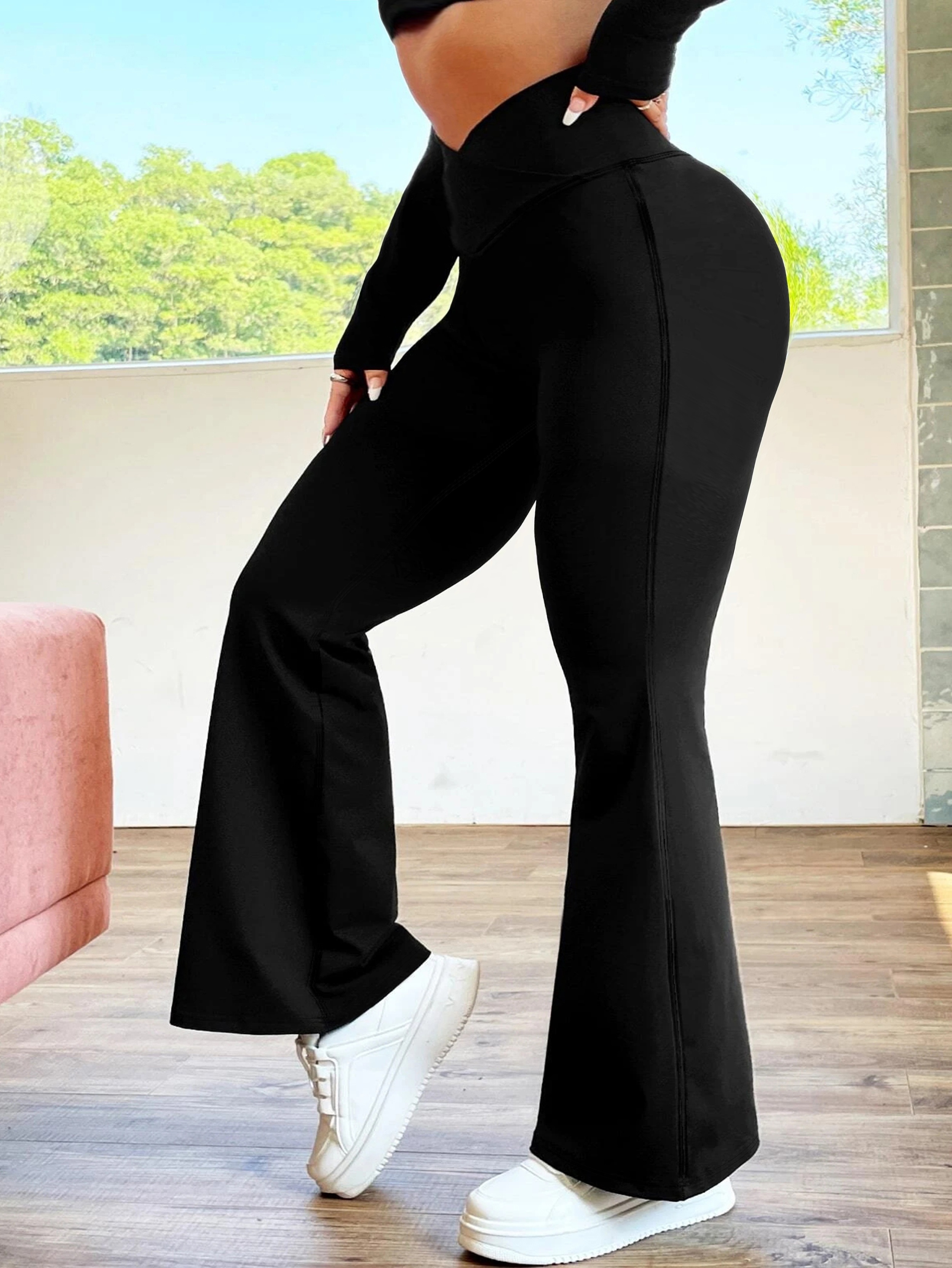Solid Criss Cross Flare Leggings, High Waist Fitted Open Navel Criss Cross  Strap Black Flare Pants, Women's Clothing