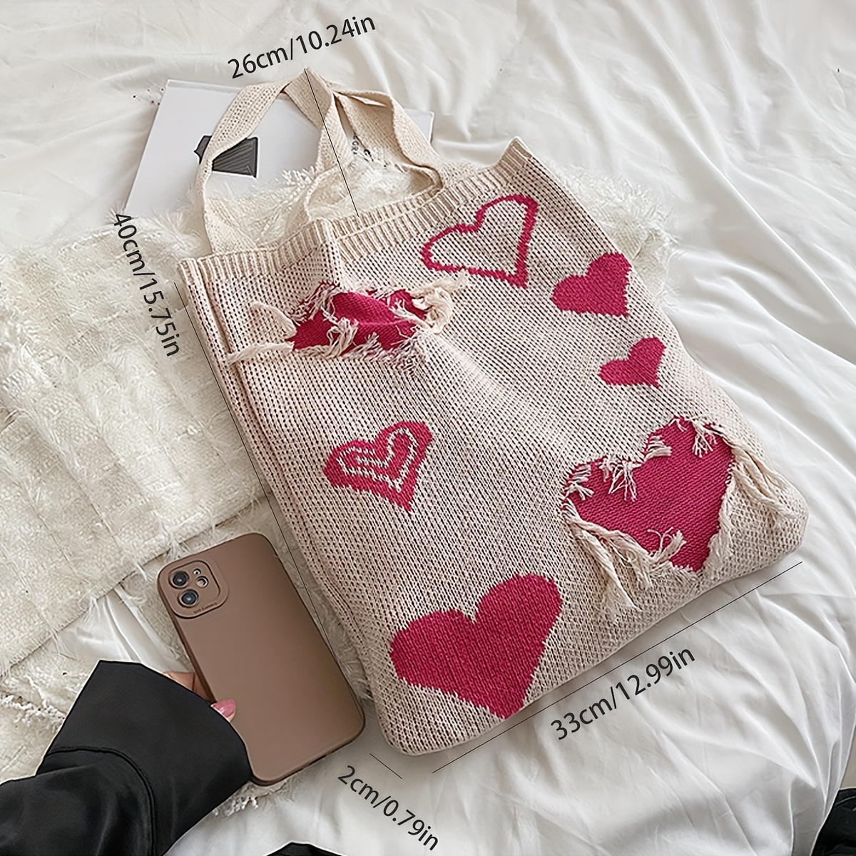 Y2k Love Knitted Tote Bag, Aesthetic Crochet Bag, Heart Woven