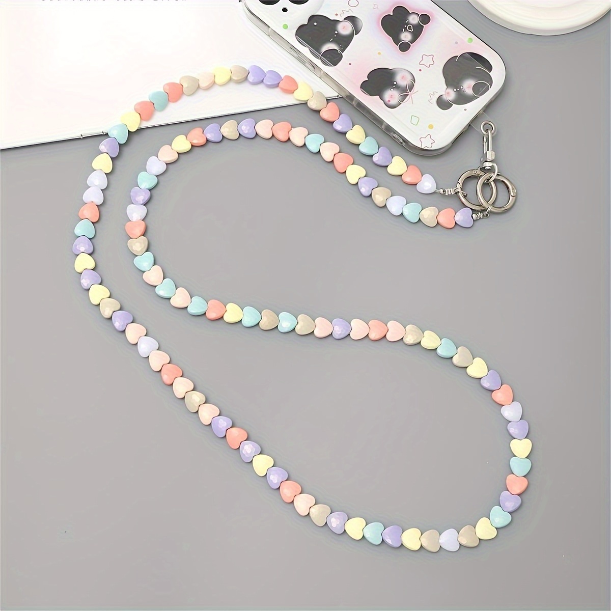 

Multicolored Heart Beaded Slant Cross Chain Bag Strap Lanyard Pendant Mobile Phone Chain Beaded With Transparent Card