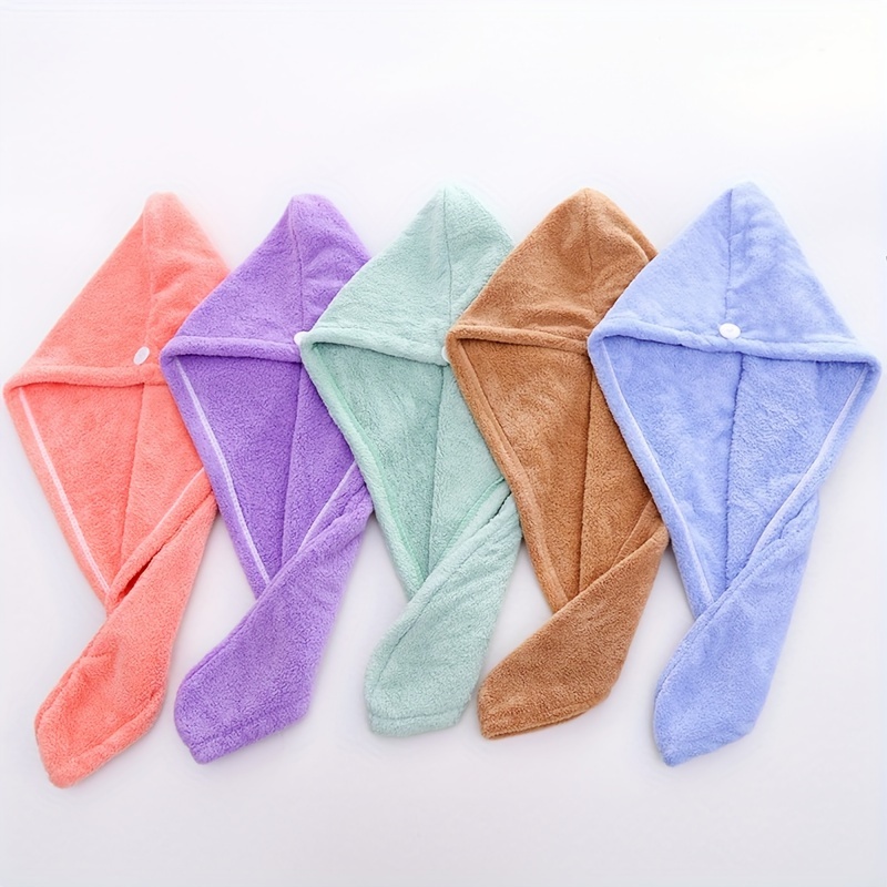 

5pcs Coral Fleece Hair Towel With Button, Soft Hair Drying Cap, Simple Solid Color Hair Towel For Bathroom, Absorbent Quick Drying Hair Wrap Towel For Women, Bathroom Supplies