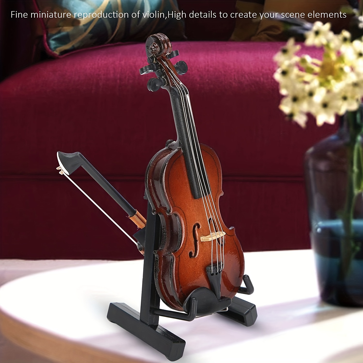 beautiful wooden miniature violin set stand bow case and musical instrument perfect home decoration christmas and halloween gift thanksgiving gift details 5