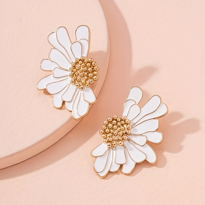 Green Flower Enamel Stud Earrings, 18K Plated