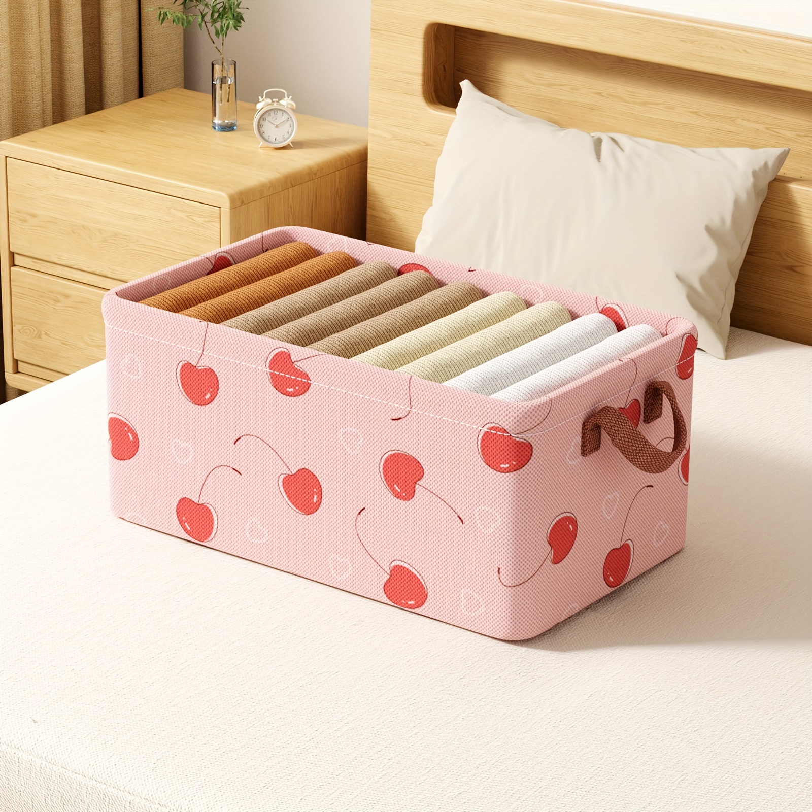 

1pc Love And Cherry Pattern Storage Basket, High Handle Deep Cabinet Storage Basket, With Steel Frame, Can Be Used In Wardrobe, Laundry, Bedroom Storage Shirts, Jeans, Snacks, Toys, Books, Etc