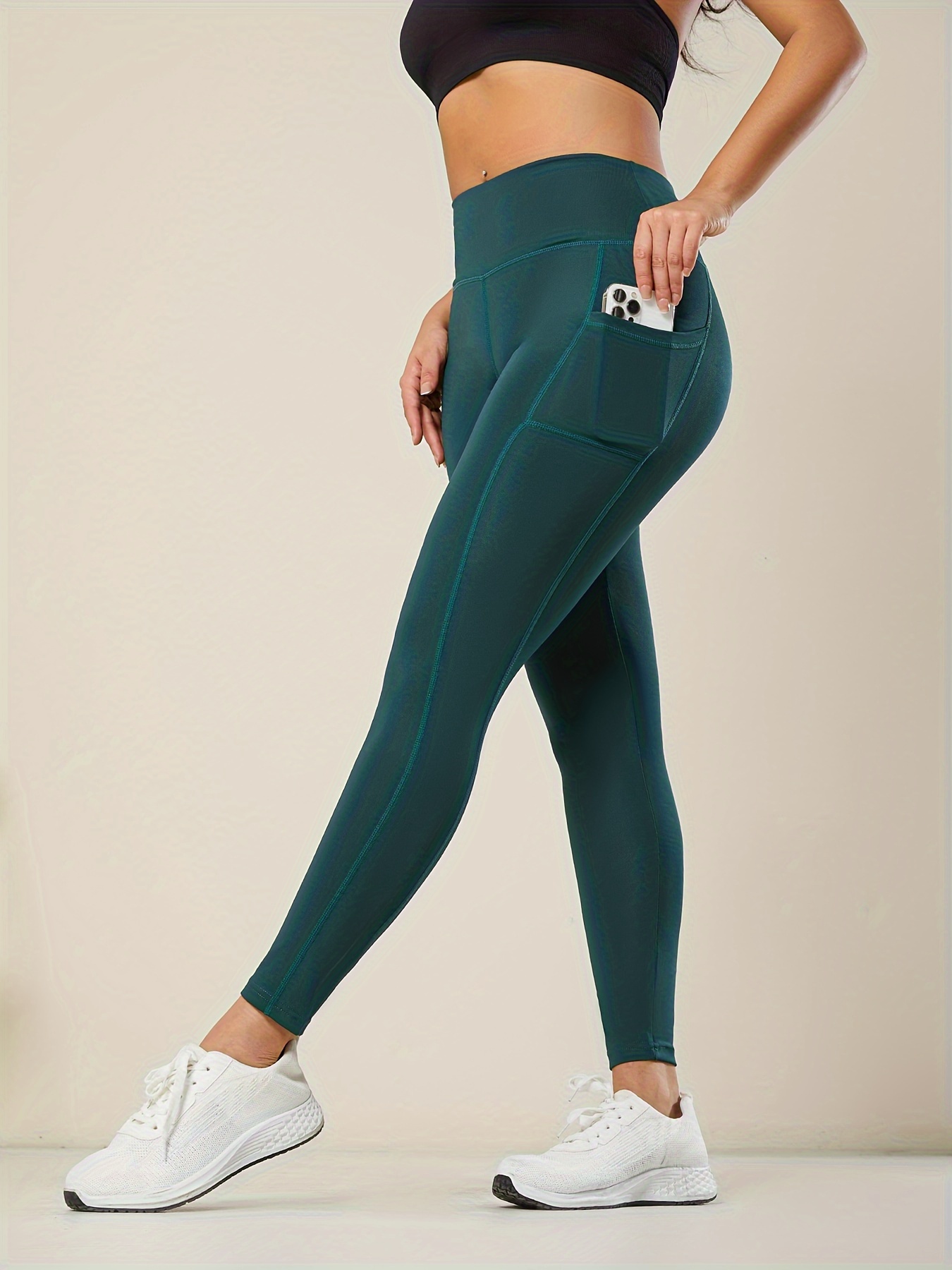 Solid Color Quick Drying High Waist Sports Leggings Pocket - Temu