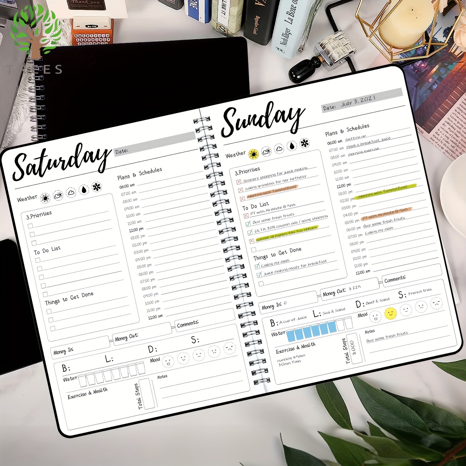 Planificateur journalier - Carnet de notes non daté avec planning horaire,  25,4 x 18,5 cm à spirale, organiseur de rendez-vous avec repas, notes
