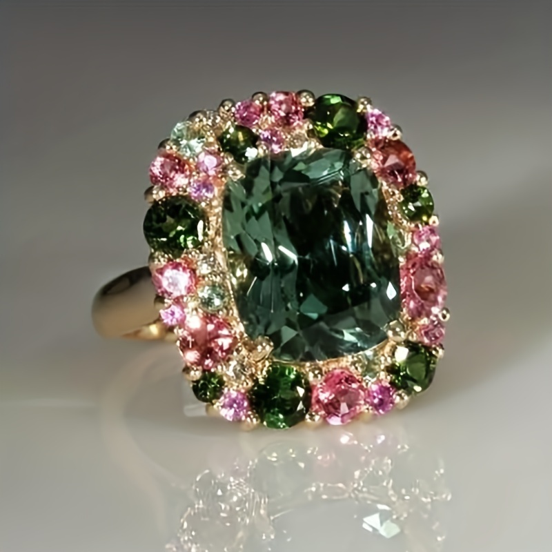 

1pc Elegant Ring Large Emerald Zircon Surrounded By Colorful Zircons Dainty Gift For Her Party Accessory Multi Sizes To Choose