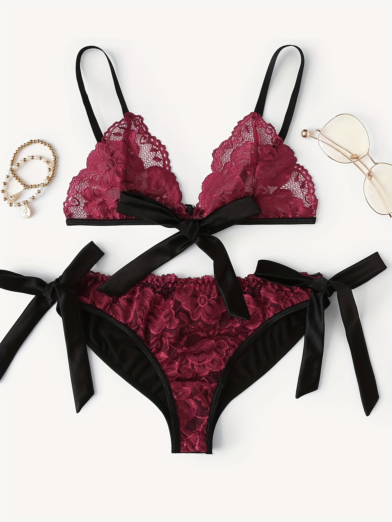 Sexy Lace Lingerie Set with Strappy Bow Bra and Cheeky Panties for Women