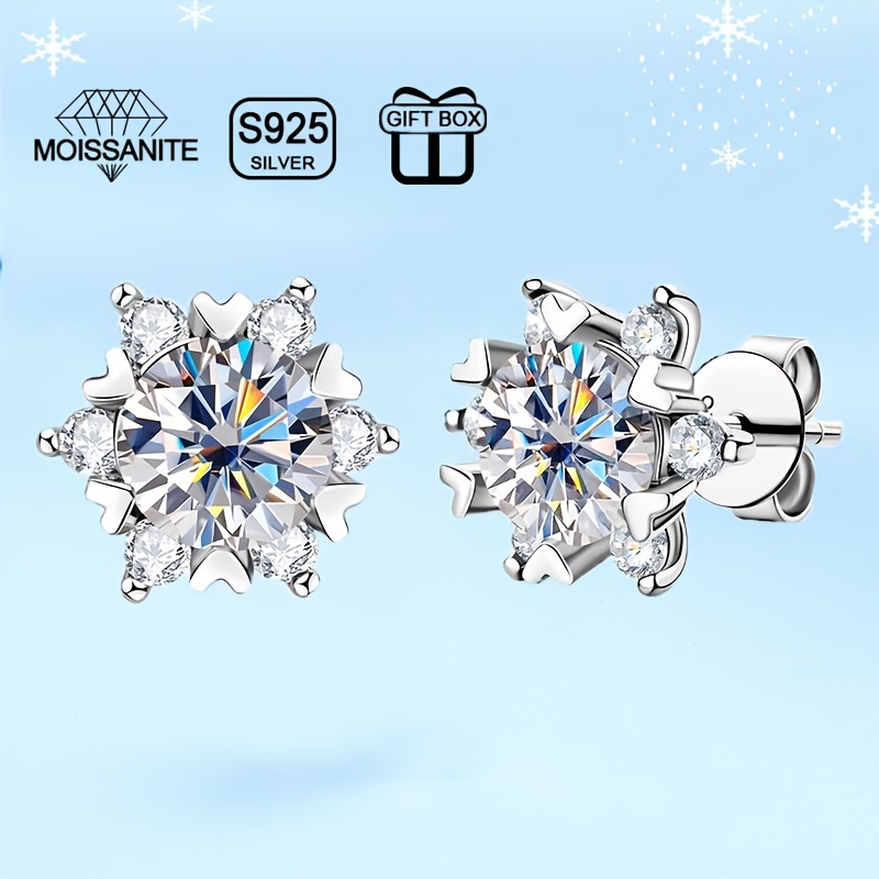 

1pair Simple Classic 925 Sterling Silver Moissanite Snowflake Earrings For Men For Daily Wear, Christmas Valentine's Day Anniversary Gift