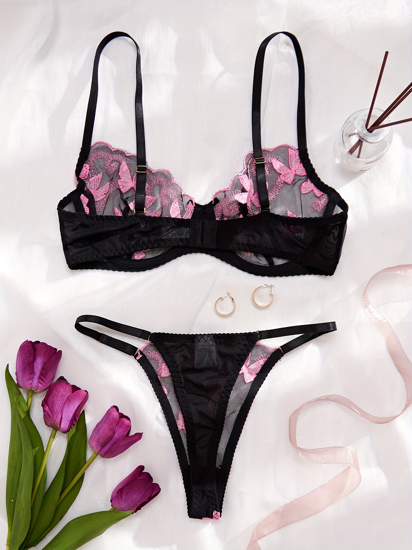 Jeweled Bra and Matching Panty Set - Black w Hot Pink in S-L Escante 59036