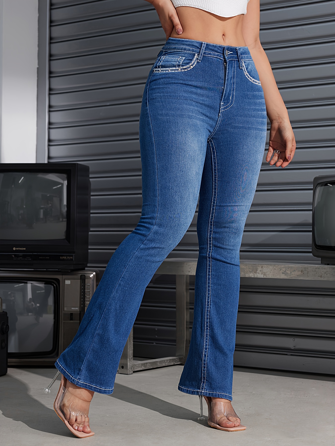 Slant Pockets Whiskering Bootcut Jeans, High Stretch Washed Denim Pants,  Women's Denim Jeans & Clothing