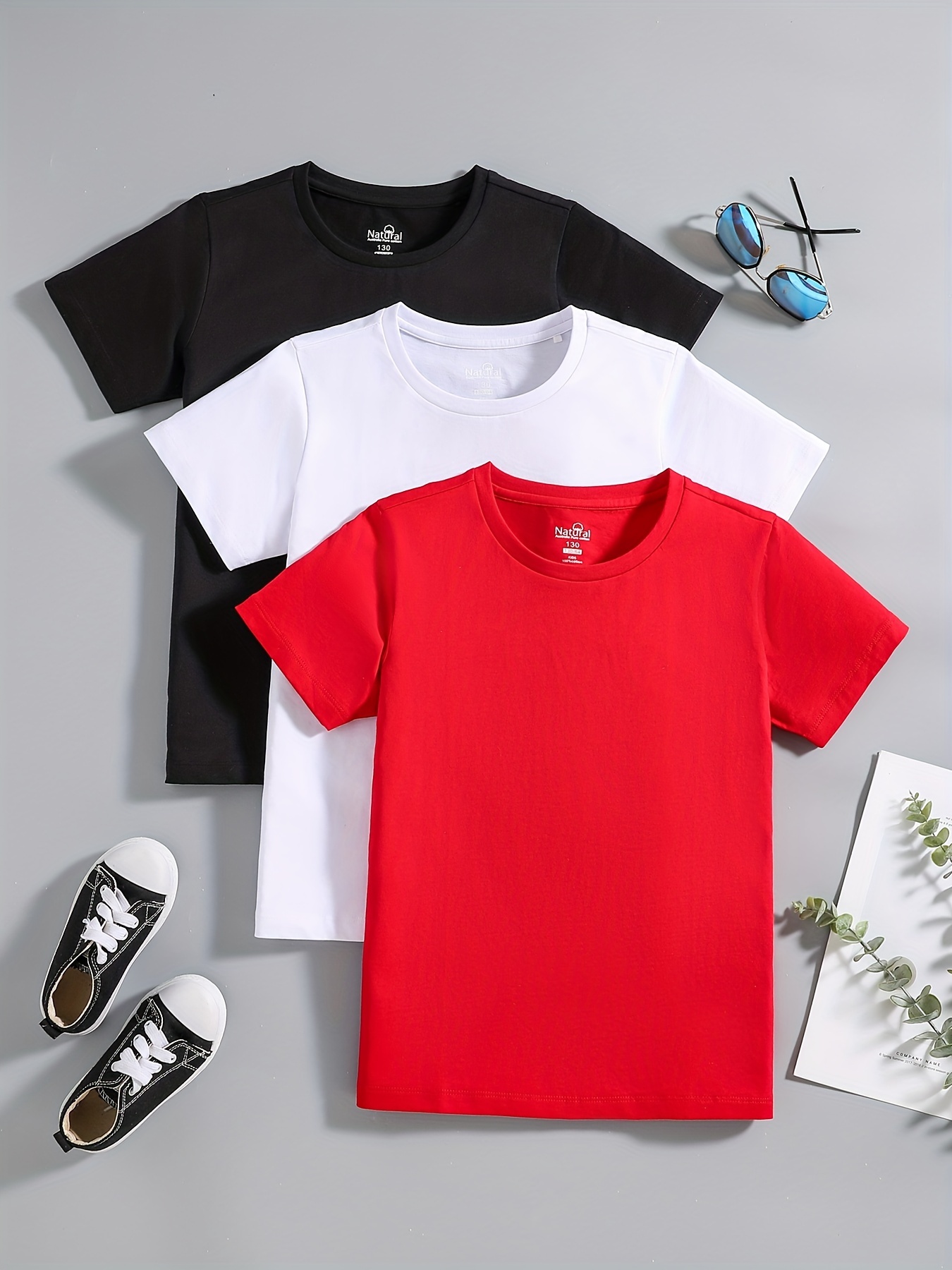 3pcs Boys Solid Creative T-shirt, Casual Lightweight Comfy Short Sleeve Tee Tops, Kids Clothings For Summer