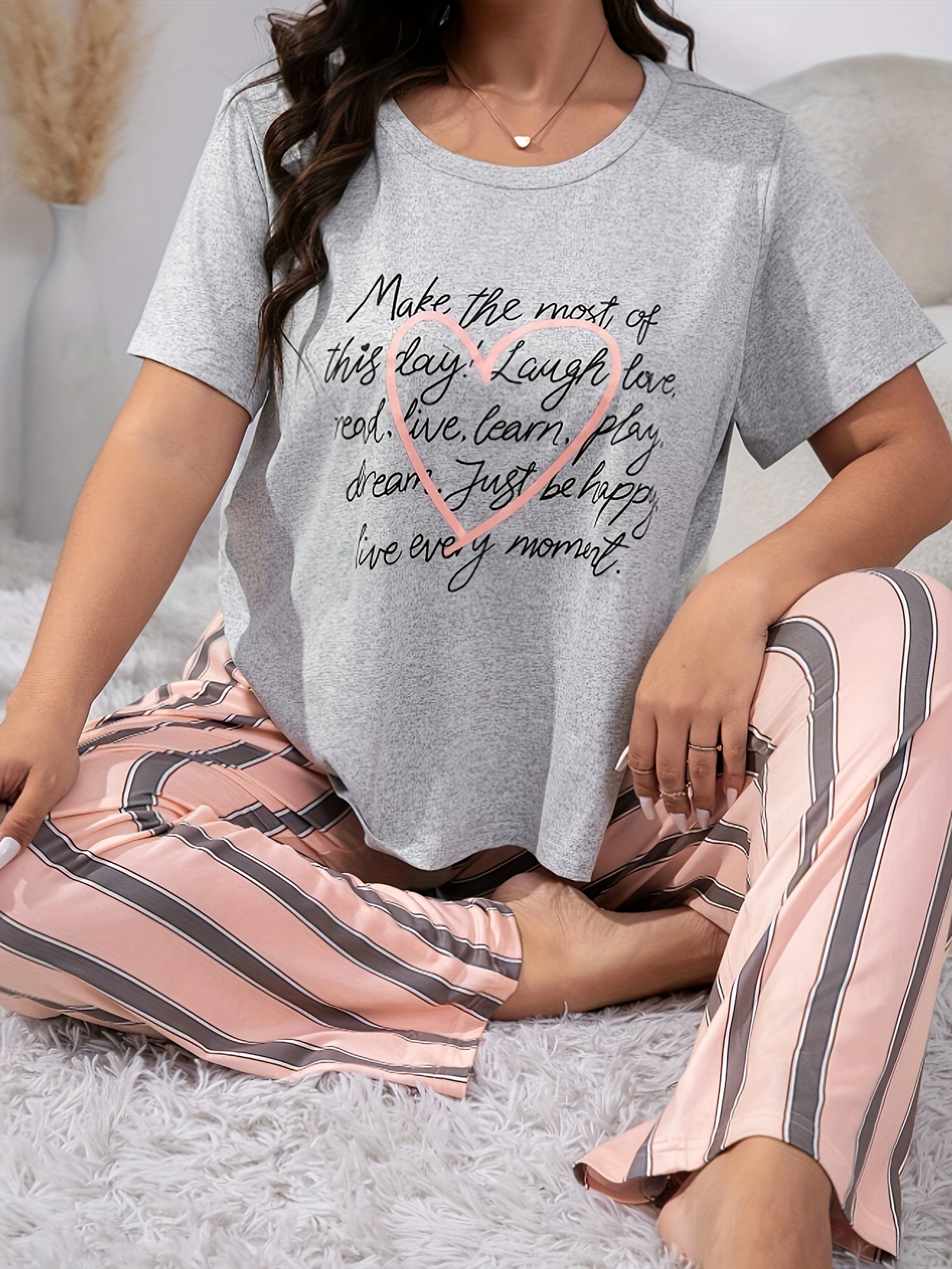 Plus Size Casual Lounge Set, Women's Plus Heart & Slogan Print Short Sleeve  Round Neck Tee & Striped Pants Home Wear 2 Piece Set