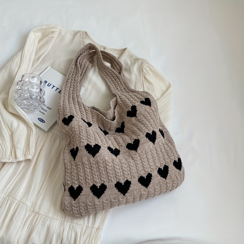 Large Capacity Knitted Hobo Bag, Cute Heart Pattern Tote Bag