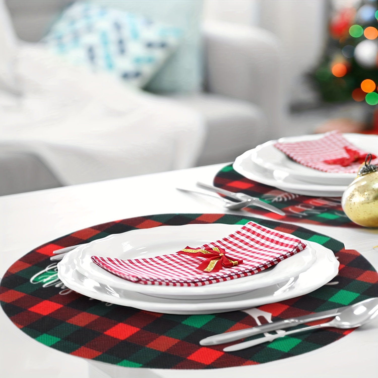 Christmas Theme Linen Placemats Buffalo Plaid Snowflake - Temu