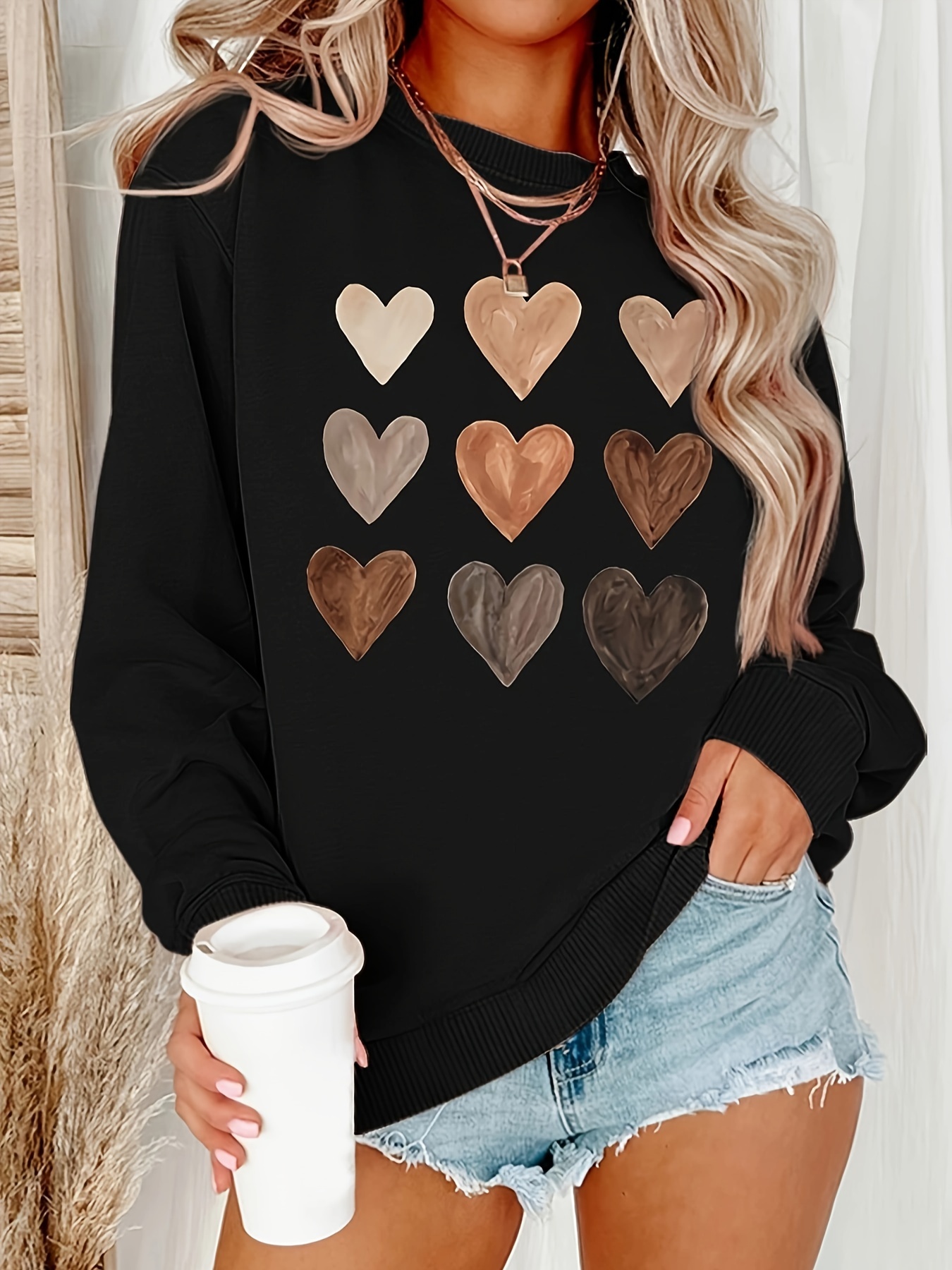 Heart Print Crew Neck Sweatshirt, Casual Long Sleeve Drop Shoulder