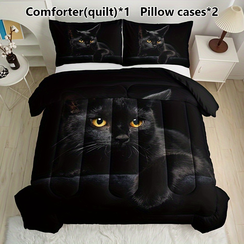 

3pcs Black Cat Quilt Set (1 Quilt + 2 Pillowcase Without Pillow Insert), Quilted Soft Comfortable Breathable Bedding Set Printed Home Dorm For All For