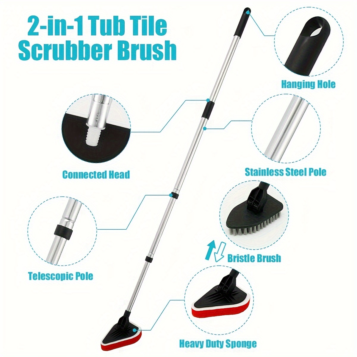 Extendable Bathtub And Tile Scrubber Long Handle Shower Cleaning Brush 2 In  1 Hard Bristles Scrub B