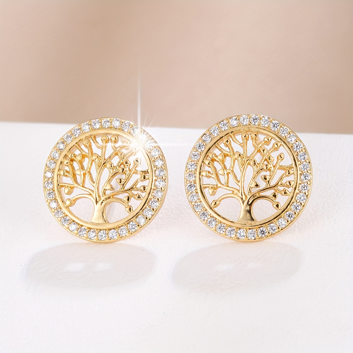 

Round Shaped Hollow Life Tree Design Stud Earrings Full Of Shiny Zircon Copper 18k Plated Jewelry Elegant Leisure Style
