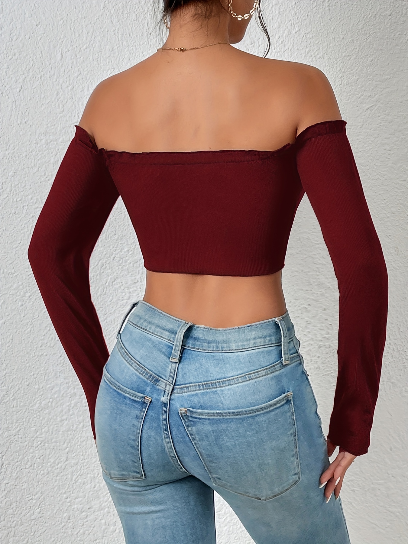 burgundy crop top long sleeve