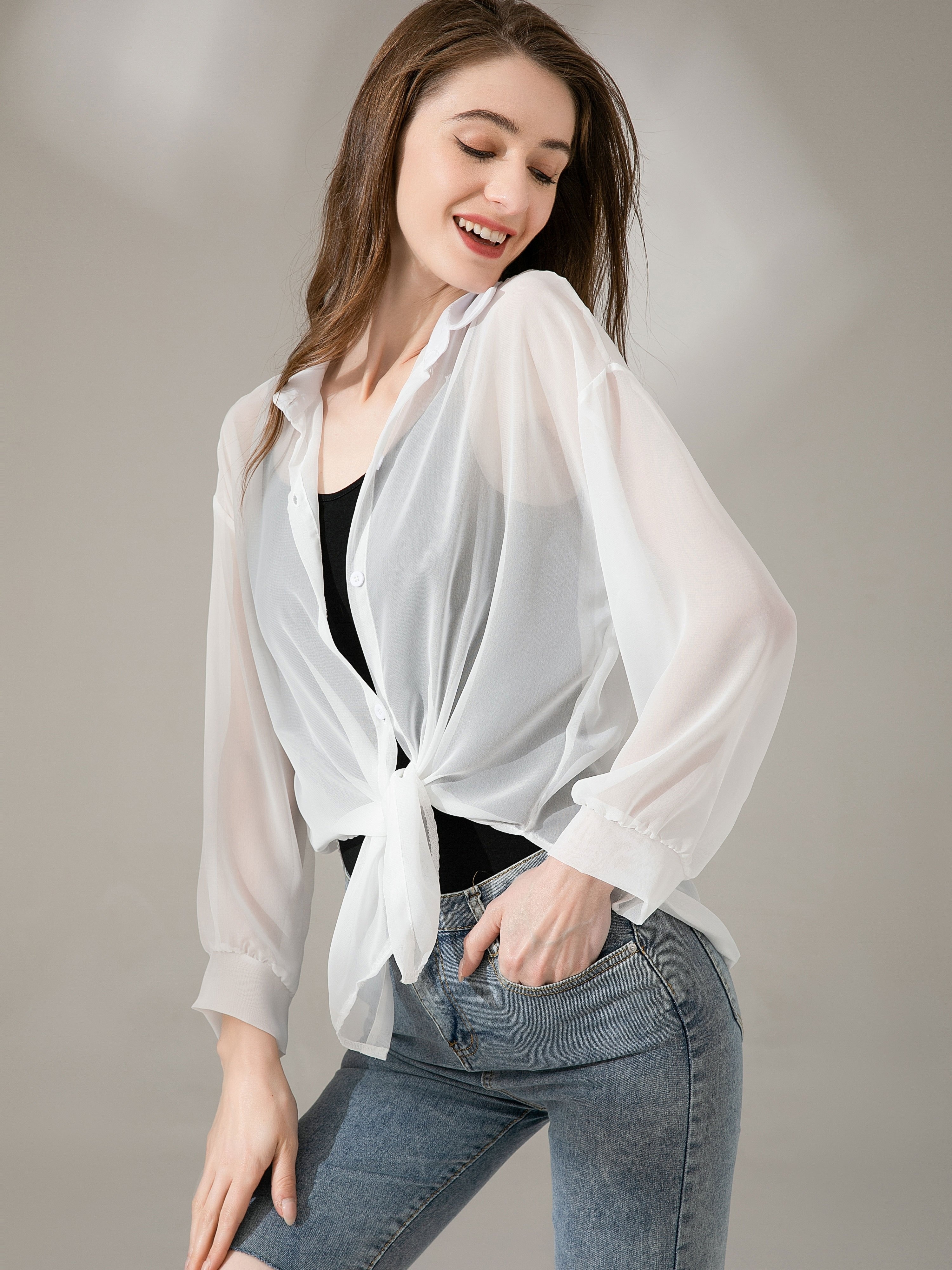 White Transparent Thin Chiffon Shirt 2023 Summer Feminina - Temu