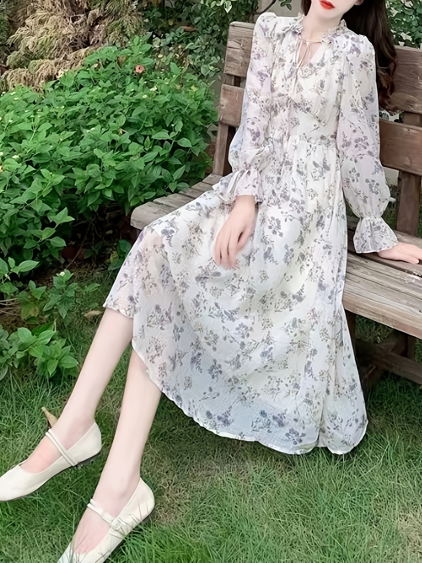 Contrast Guipure Lace Chiffon Dress, Elegant Long Sleeve V-neck Dress,  Women's Clothing