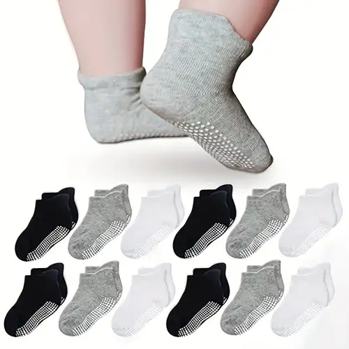 Calcetines antideslizantes para bebés y niños pequeños con agarres,  calcetines de algodón para bebé/bebé, pantuflas adhesivas para niños, 12  pares