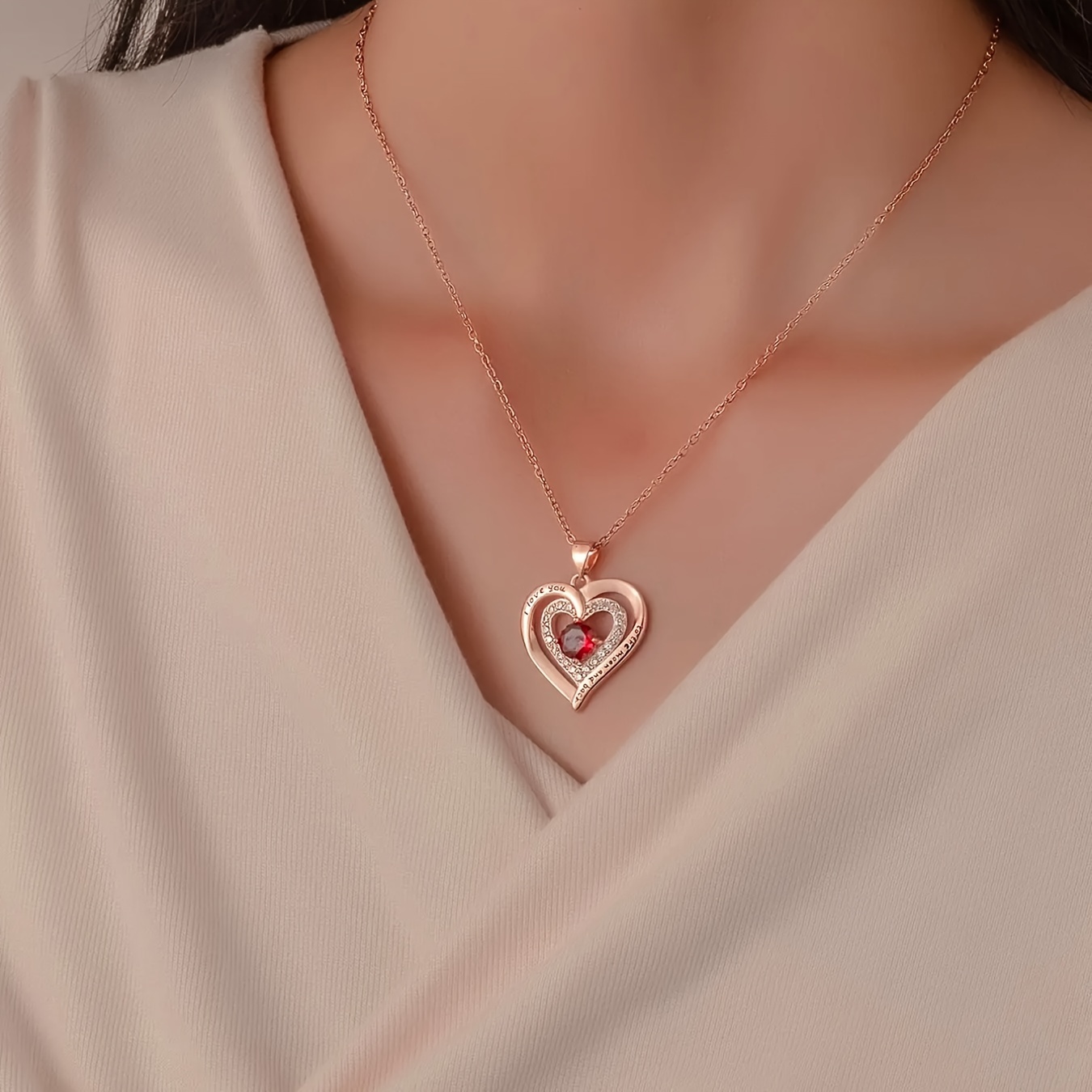 Collana Ciondolo A Cuore Zircone Rosso E Scatola Regalo Rosa