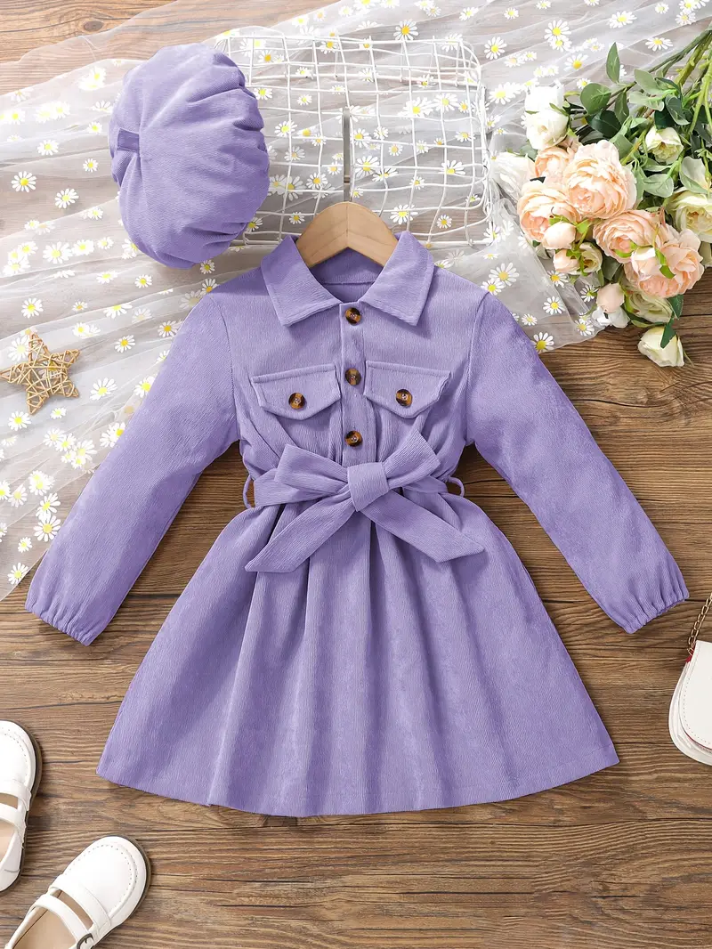 girls casual dress corduroy button front collar neck dresses with belt and hat set trendy kids autumn outfit details 10