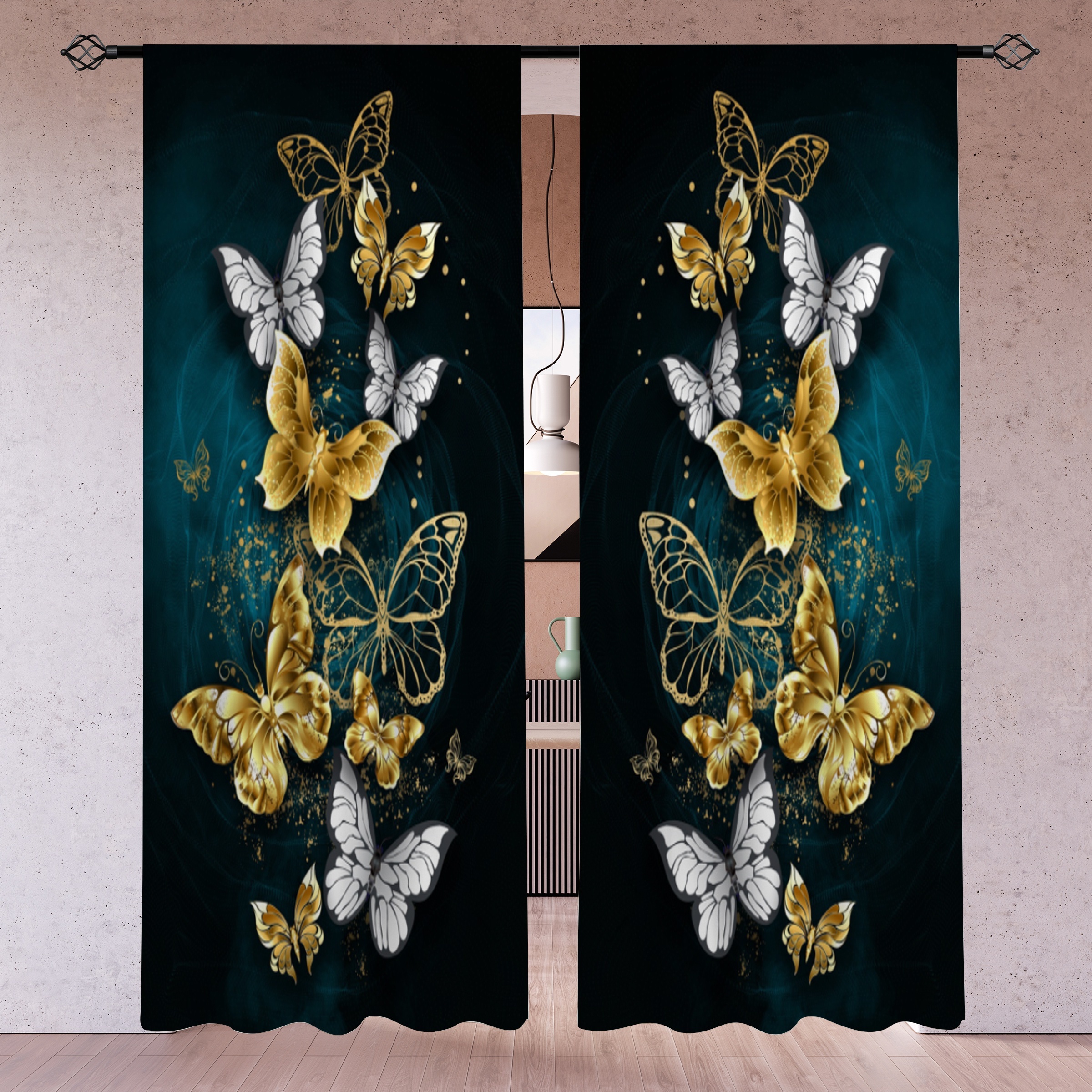 

2pcs/set, Golden Butterfly Printing Semi-transparent Curtains, Living Room Game Room Bedroom Multi-scene Polyester Rod Pocket Decorative Curtains Home Decoration Party Supplies