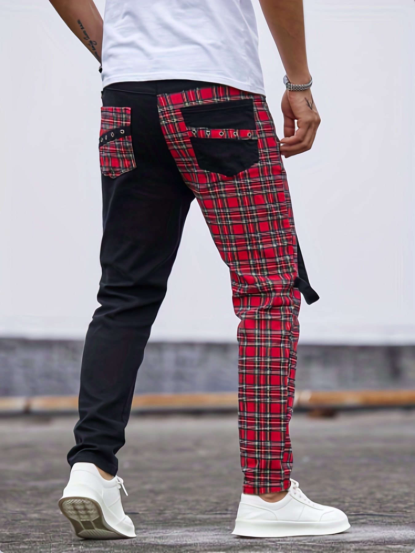 Slim Fit Trendy Plaid Color Block Jeans, Men's Casual High Stretch Street  Style Denim Pants With Chain Decoration For All Seasons