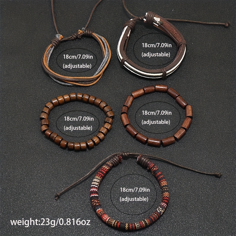 5pc Boho Style Braided Bracelet Set, Vintage Leather