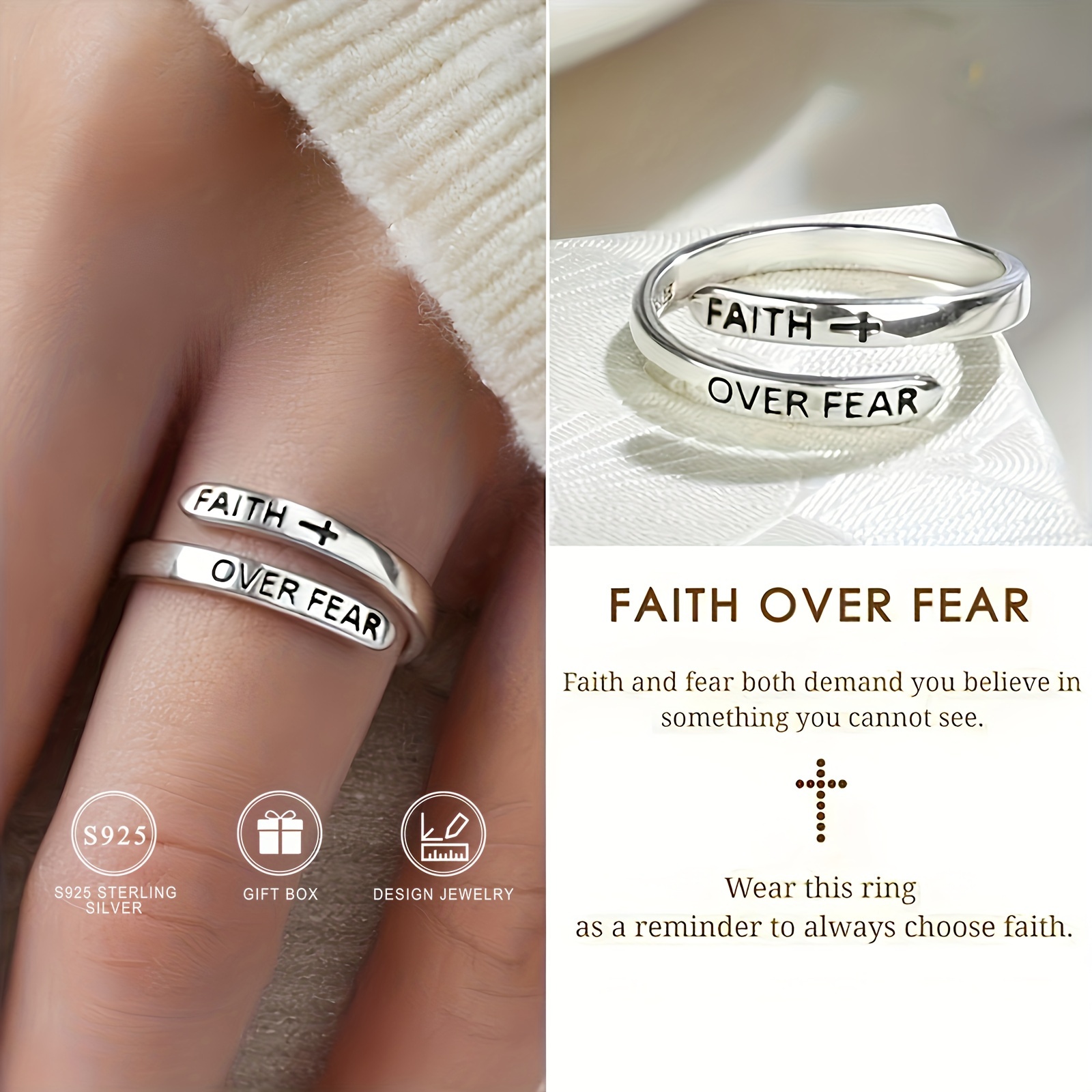 

925 Sterling Silver Inspirational Faith Cross Ring 18k Gold Plated For Women Classic Vintage English Font Open Adjustable Finger Ring Easter Jewelry Holiday Gift With Gift Box