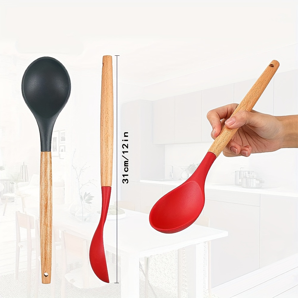 1pc silicone kitchenware set with short wooden handle, non stick