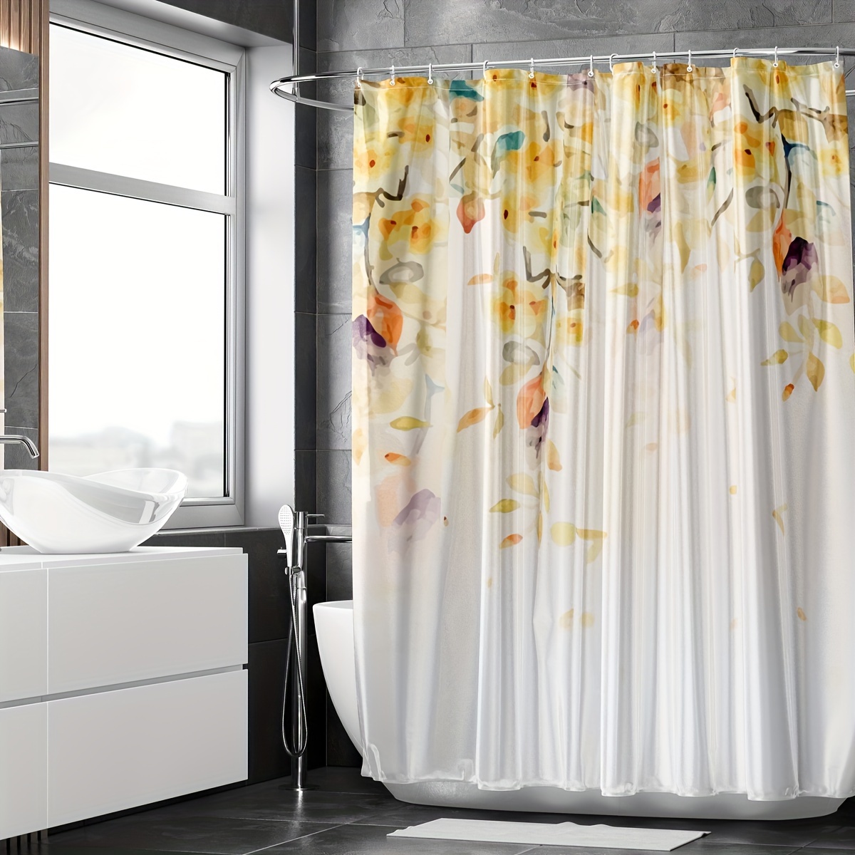 Shower Curtain Set Decorative Yellow Leaves Pattern Bathroom - Temu