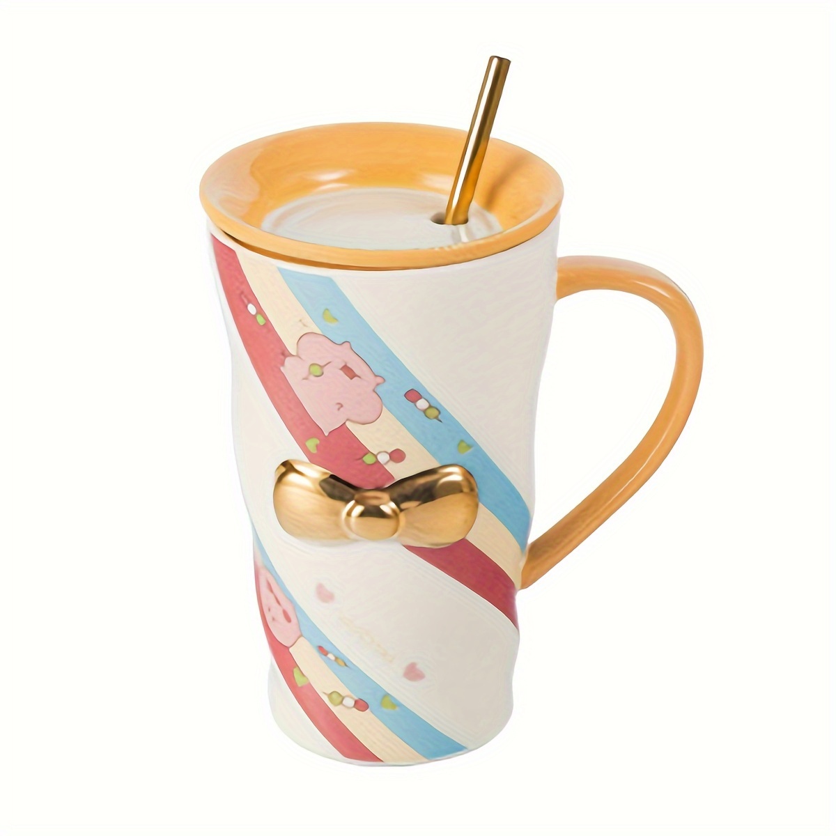 Tea Mug With Lid And Straw, Cute Golden Bow Decor Ceramic Mug