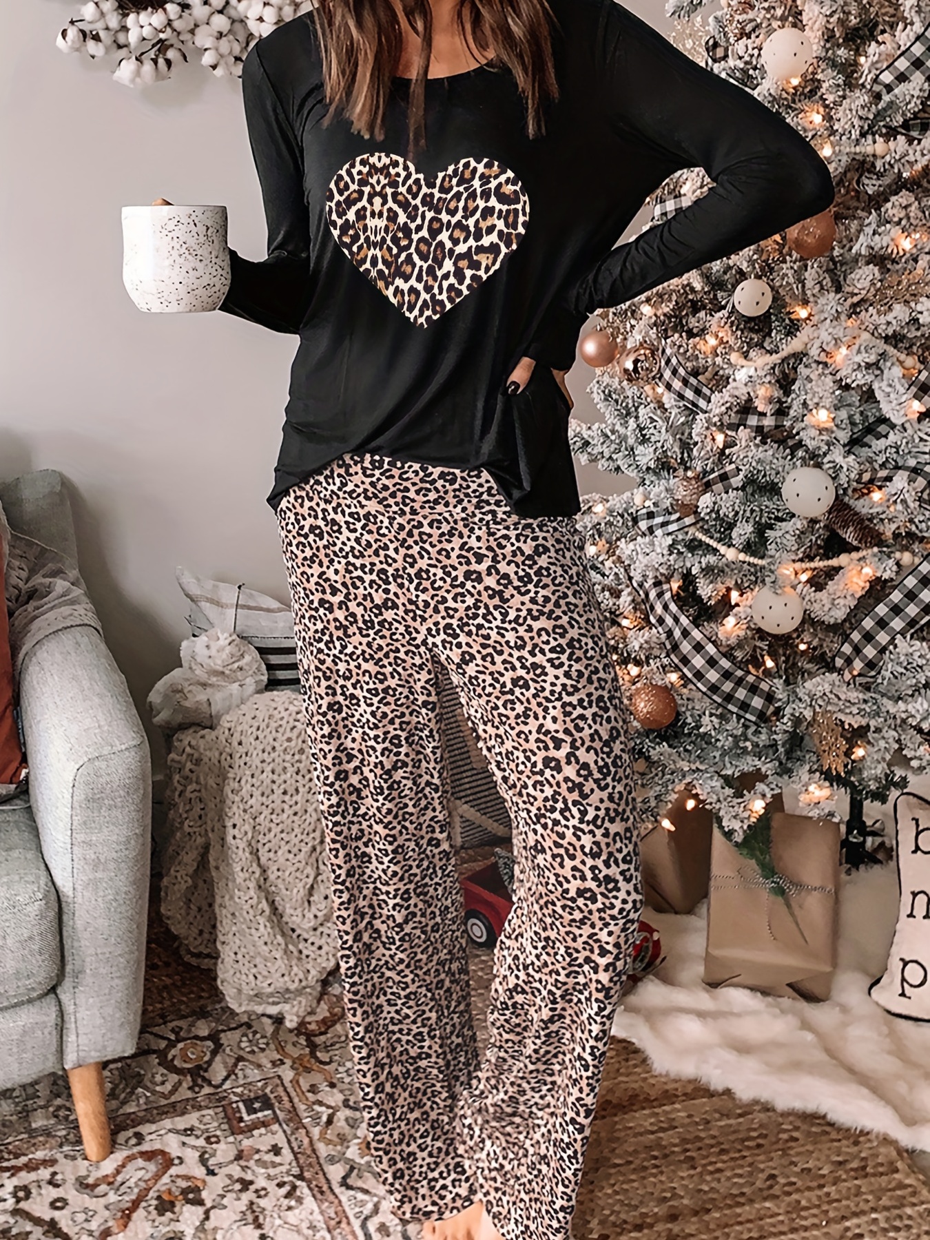 Heart Print Pajama Set Crew Neck Cami Top Elastic Waistband - Temu