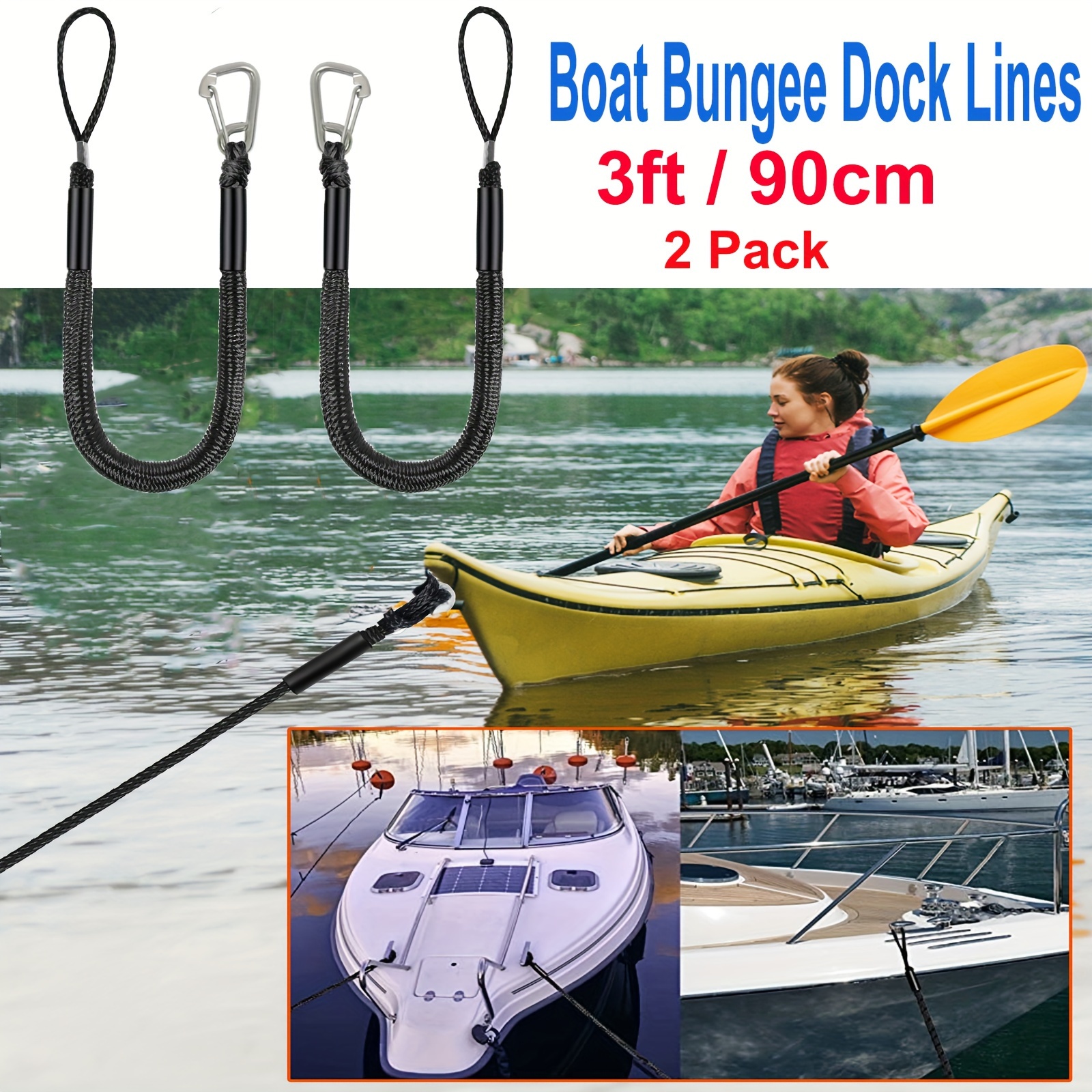 2 Pack Boat Bungee Dock Lines With Stainless Clip Kayak