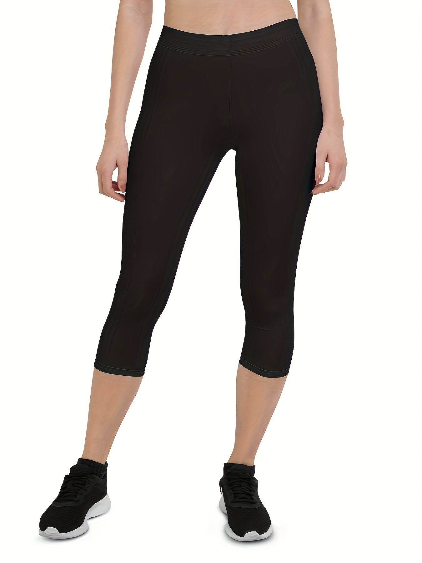 High Waisted Plain Capri Swim Pants, Black Medium Stretch Sports Leggings,  Women's Swimwear & Clothing