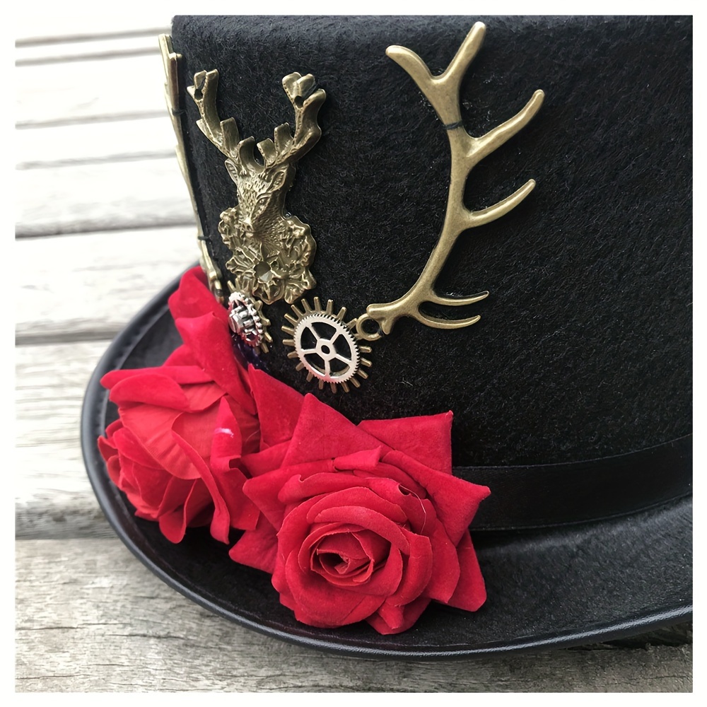 Red Rose Deer Antlers Top Hat Black Vintage Victorian Style Halloween Jazz Hats Steampunk Fedoras Costume Party Accessories For Women Men