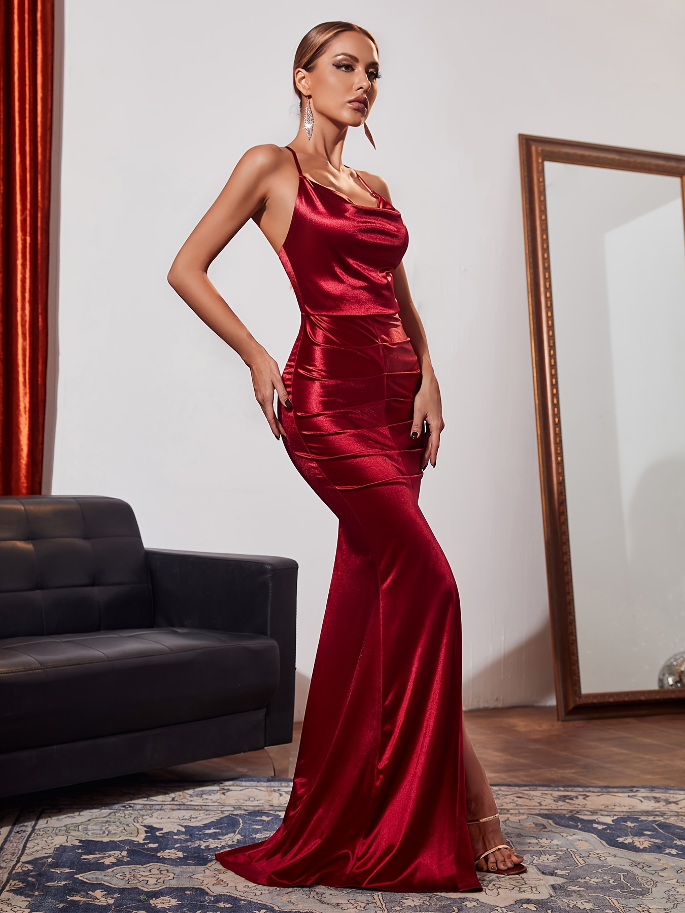 Red Mermaid Satin Cami Dress, Bodycon Evening Party Cocktail Dress