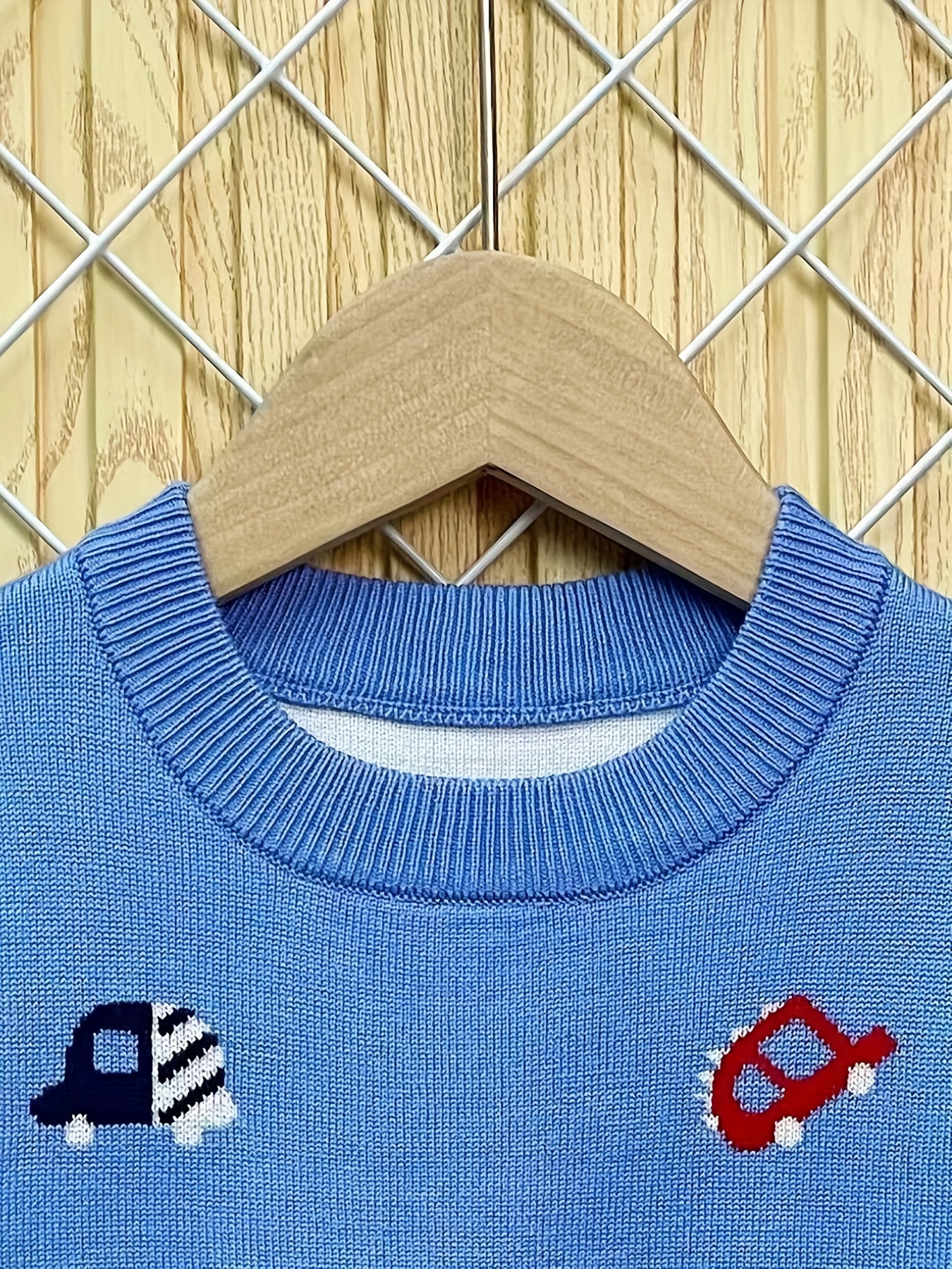 Boys Cartoon Car Pattern Sweater Round Neck Long Sleeve - Temu