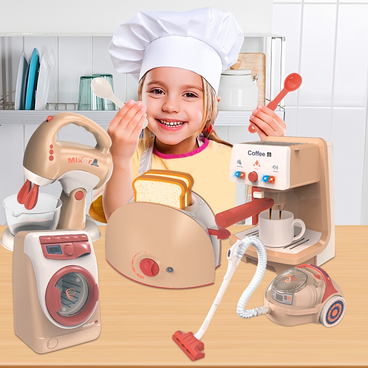 Simulation Kitchen Appliances Toy Kitchen Pretend Play Set with Coffee  Maker Machine Blender Mixer Toaster with Realistic Light