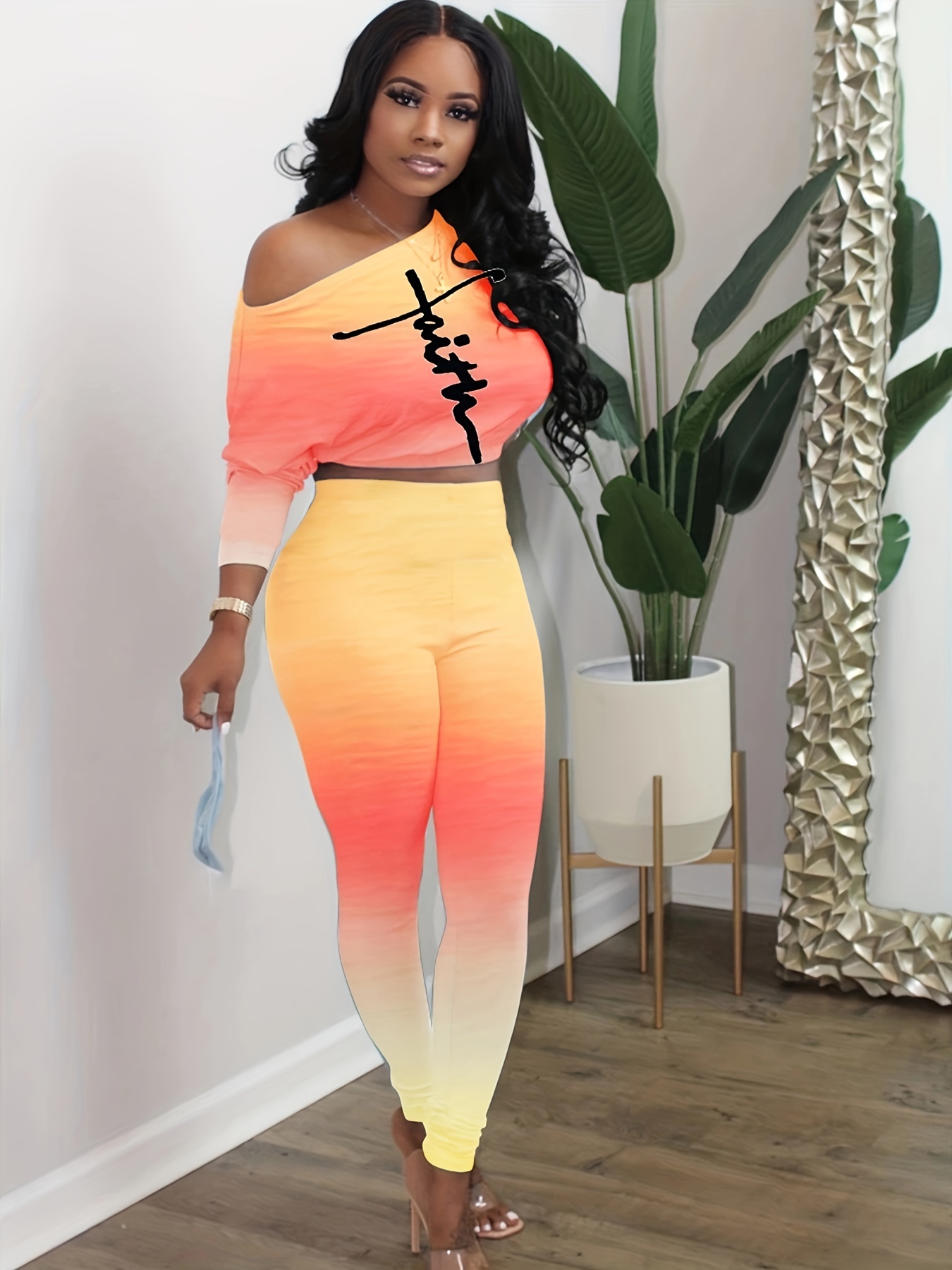 Gradient Print Two piece Set shoulder Long Sleeve Crop Top - Temu