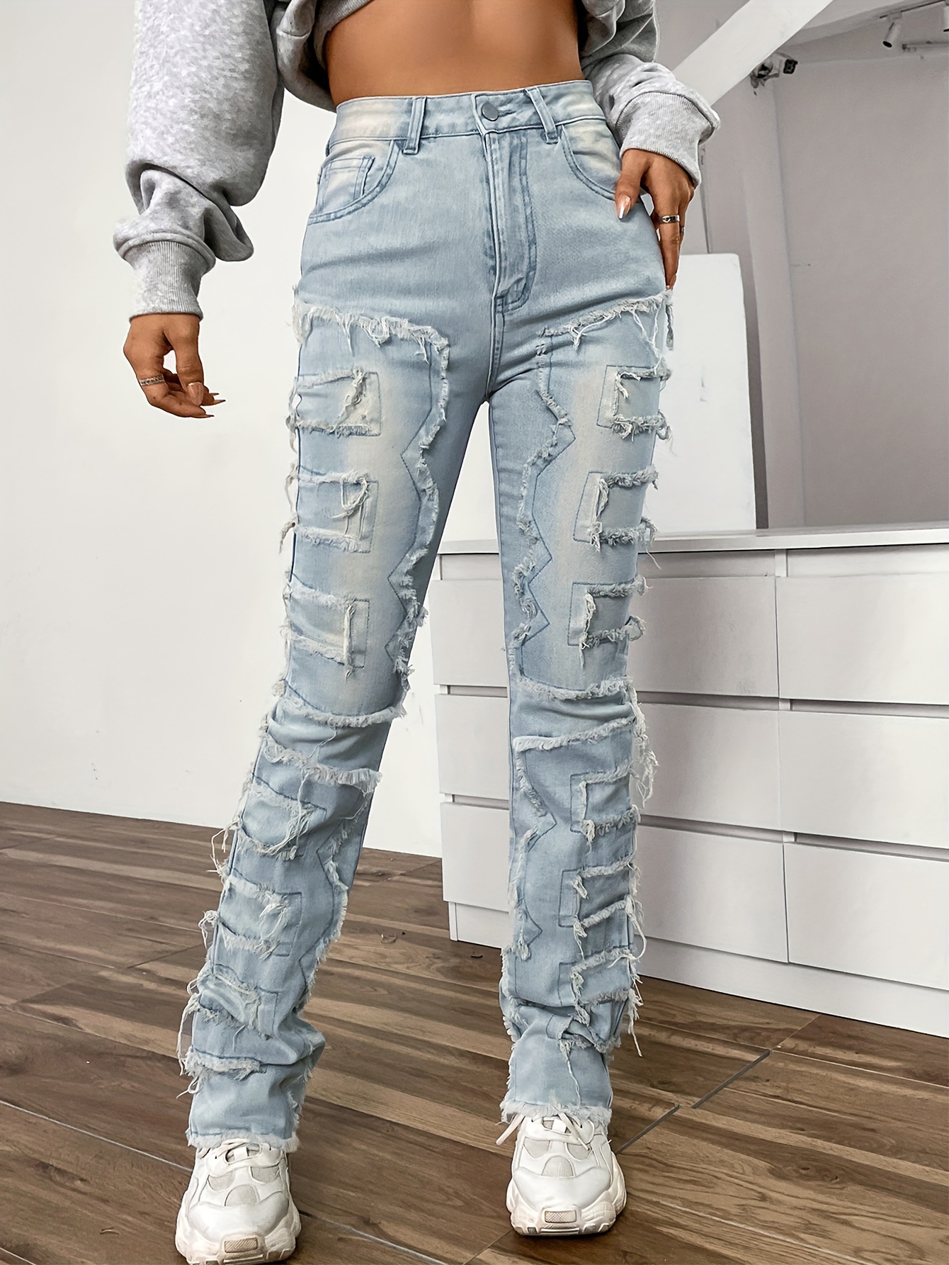 Womens Floral Lace Patchwork Straight Legs Denim Pants Casual Jeans  Trousers